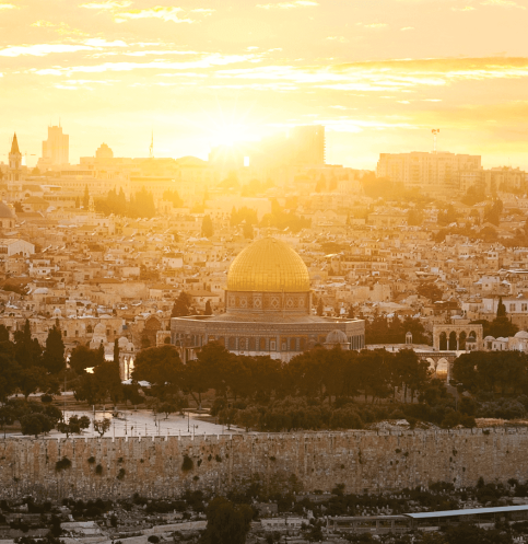 A view of the city from above at sunset.